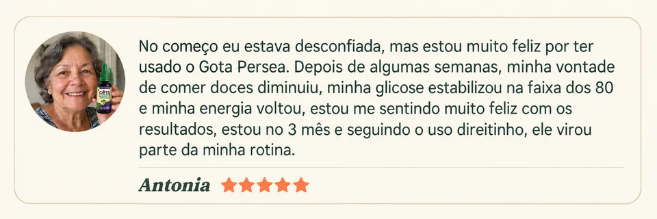 Depoimento de Antonia sobre sua experiência com o Gota Persea, acompanhado de cinco estrelas.