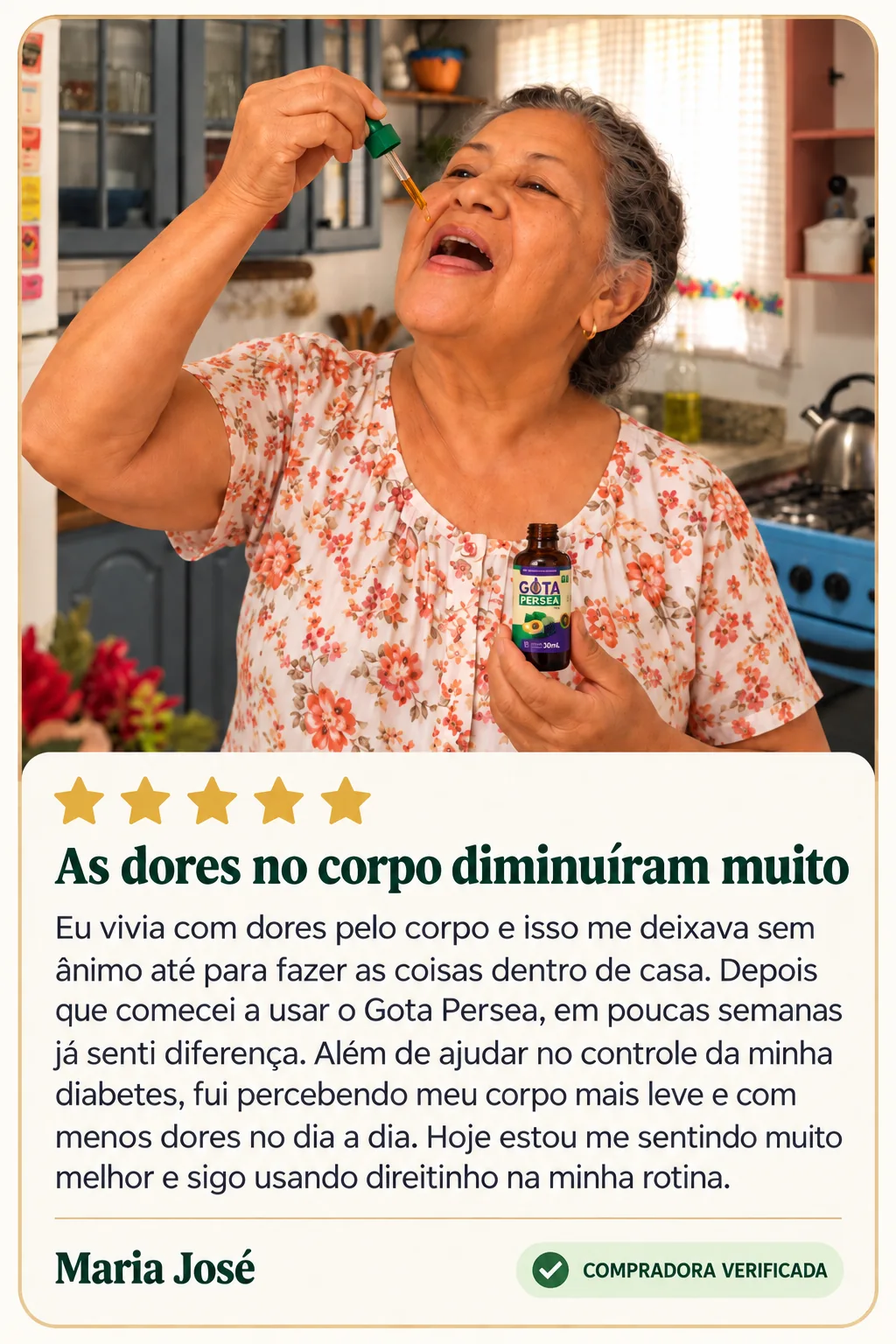 Imagem com o relato de Maria José sobre Gota Persea.