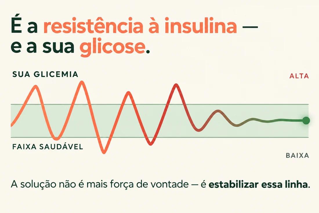 É a resistência à insulina — e a sua glicose. Ilustração de uma linha que oscila acima e abaixo da faixa saudável antes de se aproximar dela, com as indicações alta, faixa saudável e baixa. Texto: a solução não é mais força de vontade — é estabilizar essa linha.
